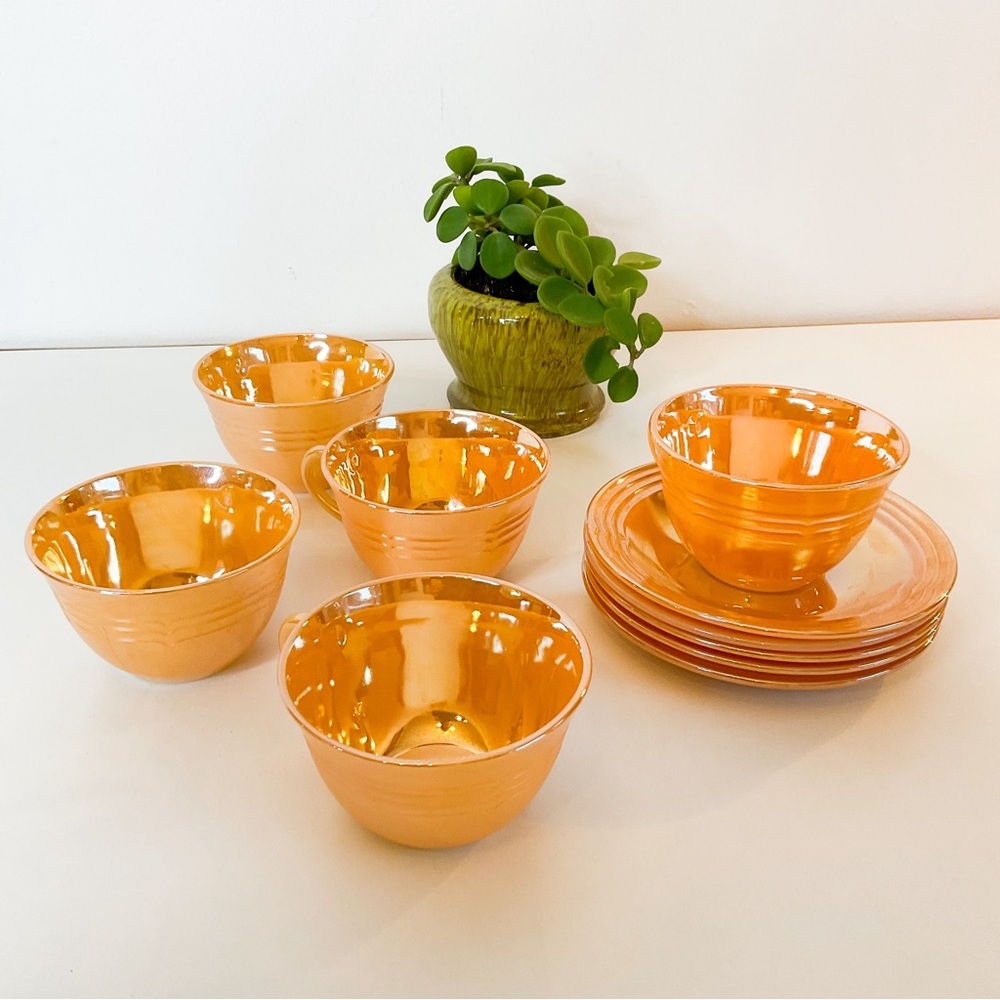Vintage FIRE KING Peach Lusterware Cups & Saucers – 10pc Anchor Hocking